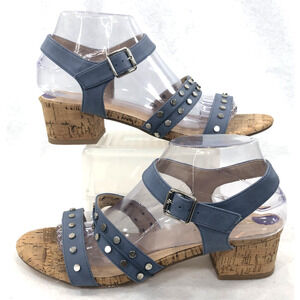 Womens Sz 8.5 Blue Strappy Block Heel Sandals Silver Studded Restricted